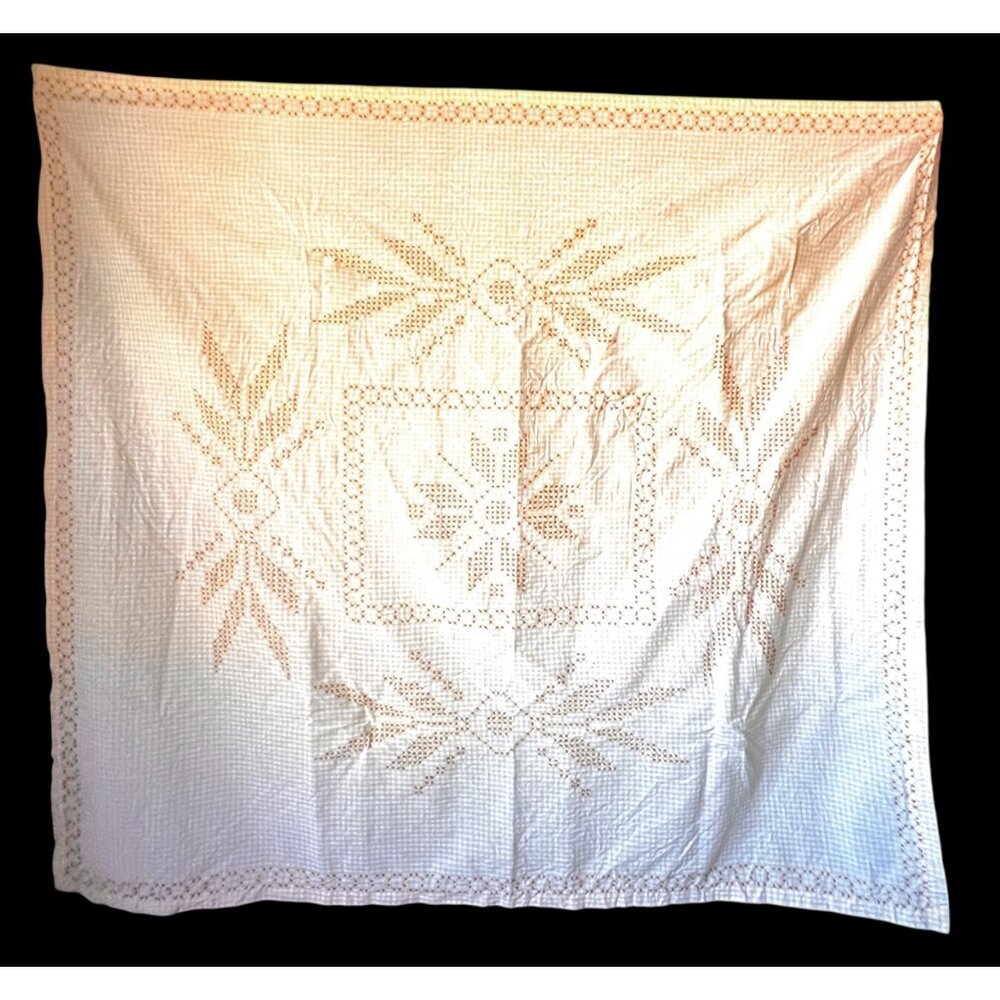 Yellow & White Gingham Tablecloth Brown Cross Stitch  Handmade 49x44 Vintage